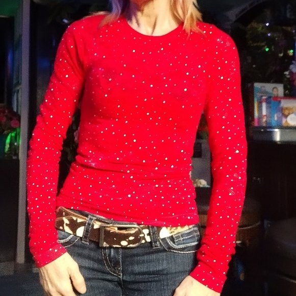 NWOT Red Rhinestone Mesh Top - Picture 7 of 10